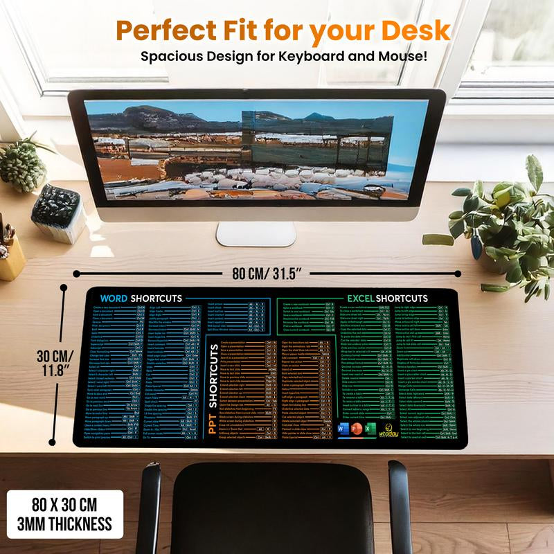 Word/Ppt/Excel Shortcuts Mouse Pad - Extended XL Office Keyboard Mat, Stitched Edges | Non-Slip Base Excel Cheat Sheet Desk Pad (31.5X11.8) Inch