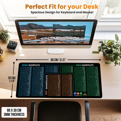 Word/Ppt/Excel Shortcuts Mouse Pad - Extended XL Office Keyboard Mat, Stitched Edges | Non-Slip Base Excel Cheat Sheet Desk Pad (31.5X11.8) Inch