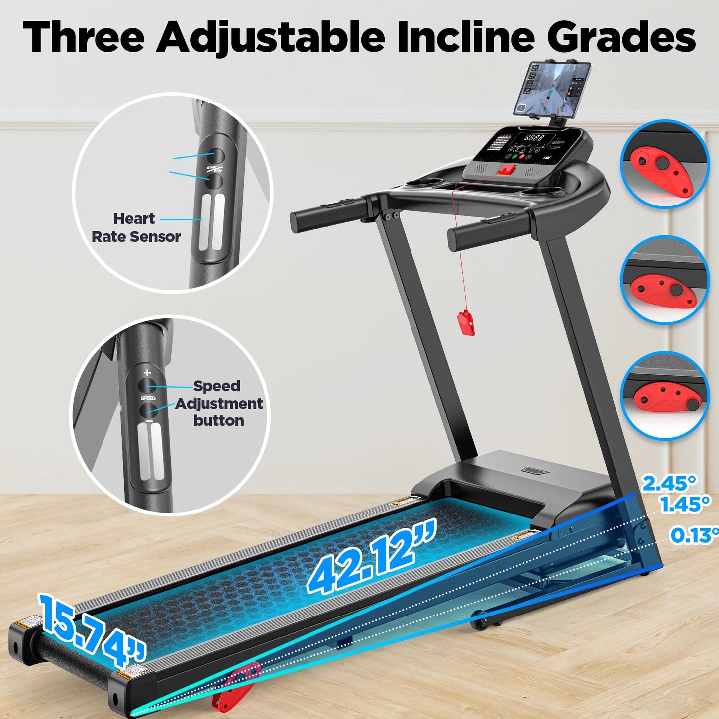 Folding Treadmill with Incline – 300 Lbs Capacity, Compact Electric Running Machine for Home, 3.25HP Quiet Motor, 0.6-7.5 MPH, APP Control, Adjustable Ipad Holder