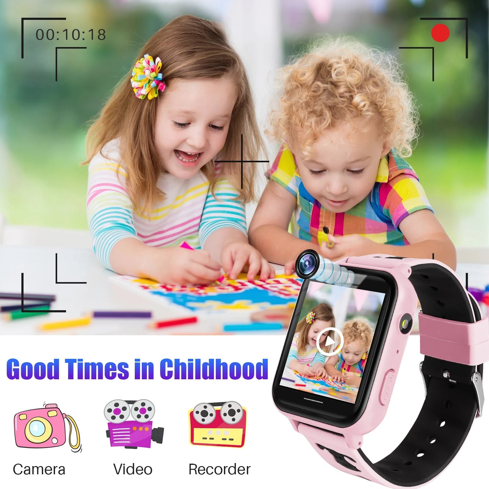 Kids Smart Watch Phone, HD Touch Screen Smartwatch with Music MP3 Player, Video Recorder, Camera, Games, SOS, (Build-In 1GB SD Card) Sport Wrist Watch for Age 3-14 Boys Girls Gifts (Pink)