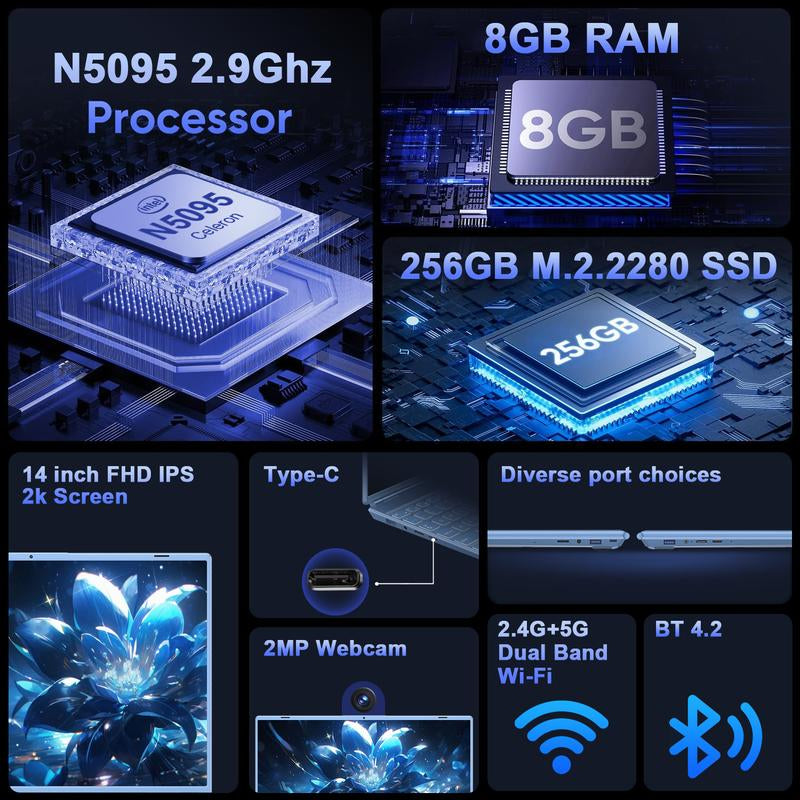 NOTODD 14 Inch Student and Business Laptop, Intel Quad-Core Processor, 8GB RAM+256GB SSD+1TB Expand, 1920X1200, 5G Wifi & Webcam, Windows11, Bundle with Silent Mouse, Blue/Pink Laptop, Lightweight, Back to School Gifts