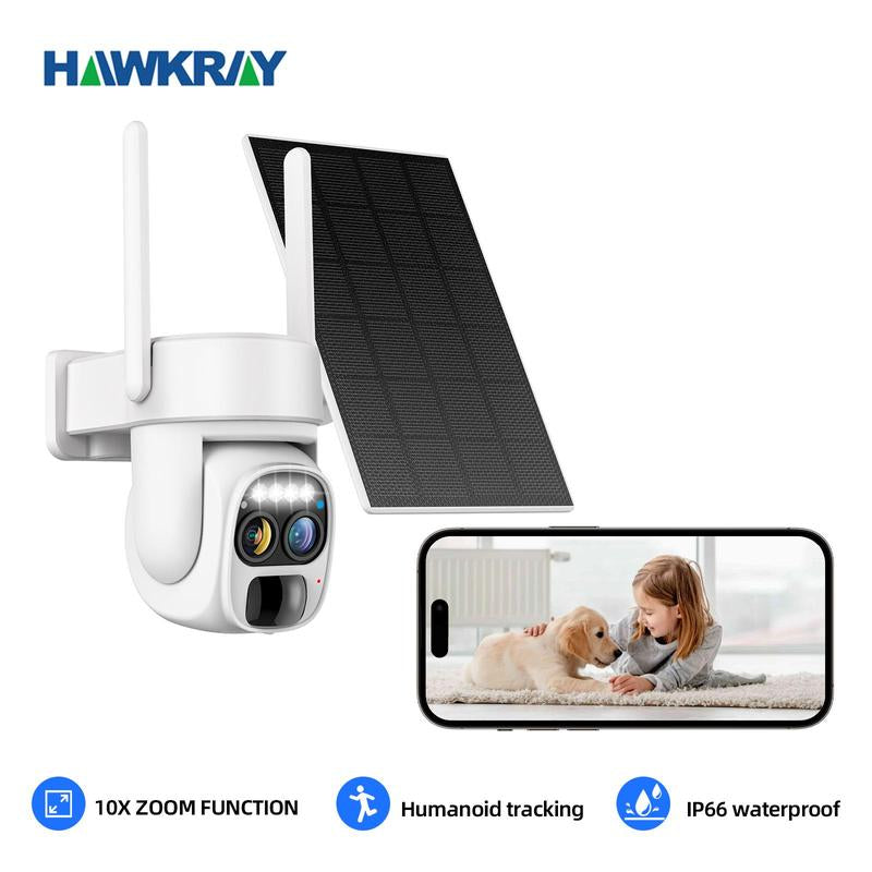 Hawkray Wireless Solar Wi-Fi Security Camera, 10X Zoom, 2K HD Clear Picture, PIR Motion Detection, Color Night Vision, Waterproof Black Security Camera, Home Security Cctv Lens