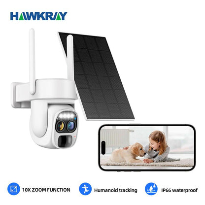 Hawkray Wireless Solar Wi-Fi Security Camera, 10X Zoom, 2K HD Clear Picture, PIR Motion Detection, Color Night Vision, Waterproof Black Security Camera, Home Security Cctv Lens