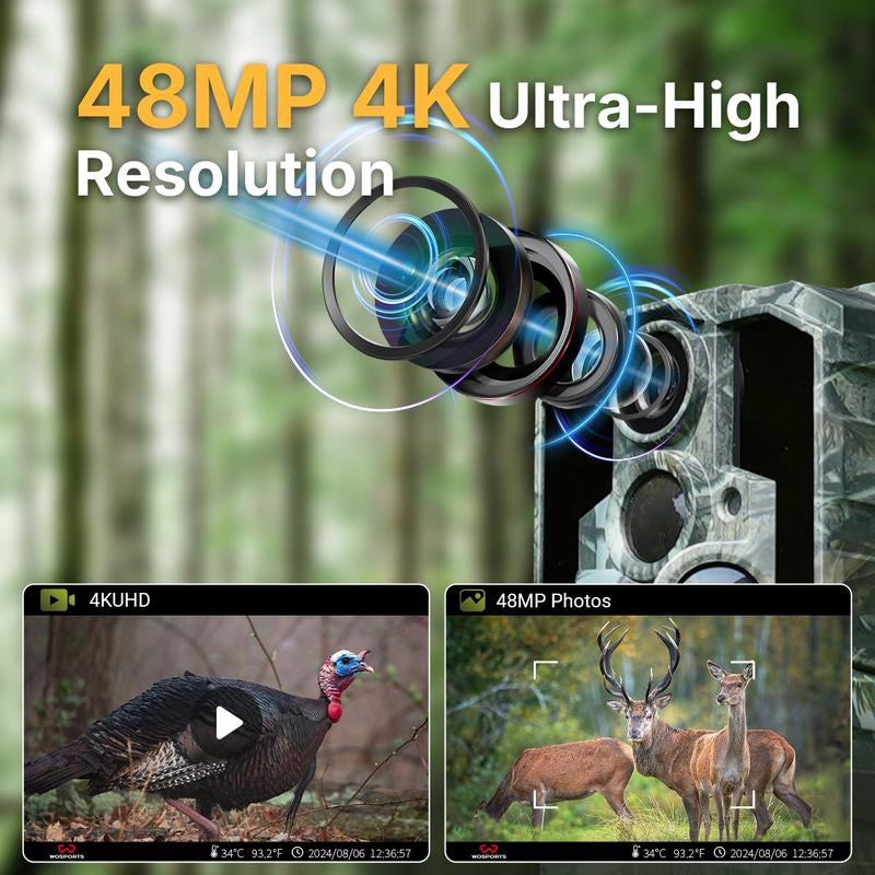 WOSPORTS 48MP 4K Trail Camera | Night Vision, IP66 Waterproof for Wildlife & Home Security