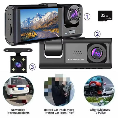 Dash Cam with Infrared Night Vision, Loop Recording, 2" IPS Screen, 1080P Triple Camera DVR Video Recorder