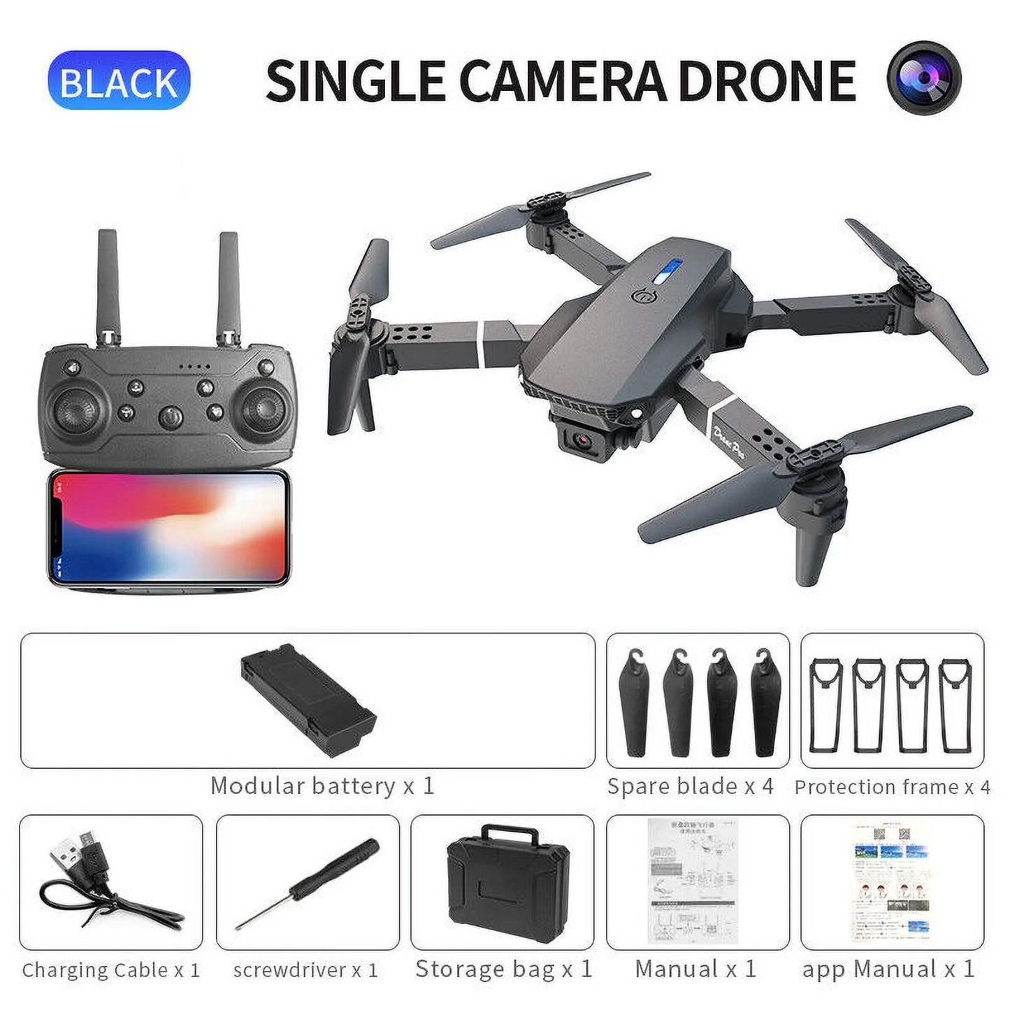 4K HD Dual Camera Foldable RC Drone with WiFi FPV and Four Batteries - Black