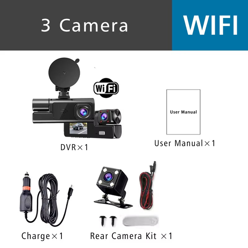 Triple Camera Car DVR with WiFi, 1920P Video Recording, In-Vehicle Dash Cam, Mini Camcorder