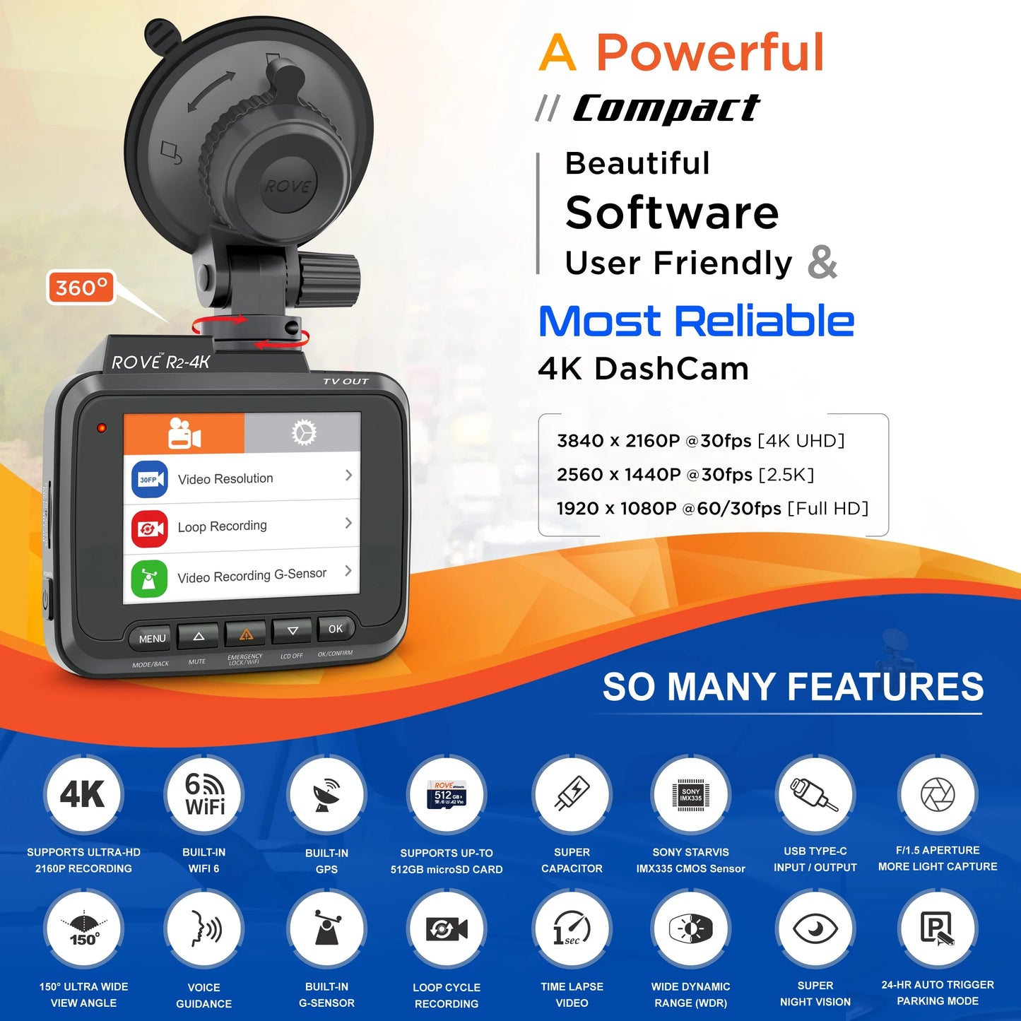 R2-4K Dash Cam Built-In Wifi 6 GPS Car Dashboard Camera Recorder with UHD 2160P, 2.4" IPS Screen, 150° Wide Angle, WDR, Night Vision