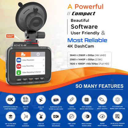 R2-4K Dash Cam Built-In Wifi 6 GPS Car Dashboard Camera Recorder with UHD 2160P, 2.4" IPS Screen, 150° Wide Angle, WDR, Night Vision