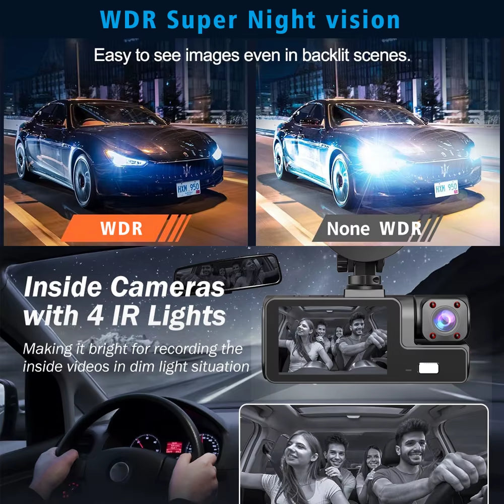 Triple Camera Car DVR with WiFi, 1920P Video Recording, In-Vehicle Dash Cam, Mini Camcorder