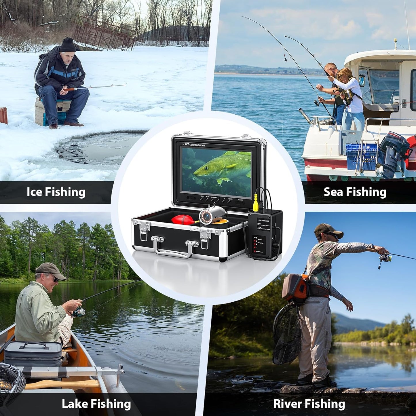 Underwater Fishing Camera Portable Video Fish Finder 9 Inch LCD Monitor 1000TVL Waterproof Camera Underwater DVR Video Fish Cam 50M Cable 12Pcs IR Infrared Lights for Ice, Lake and Boat Fishing