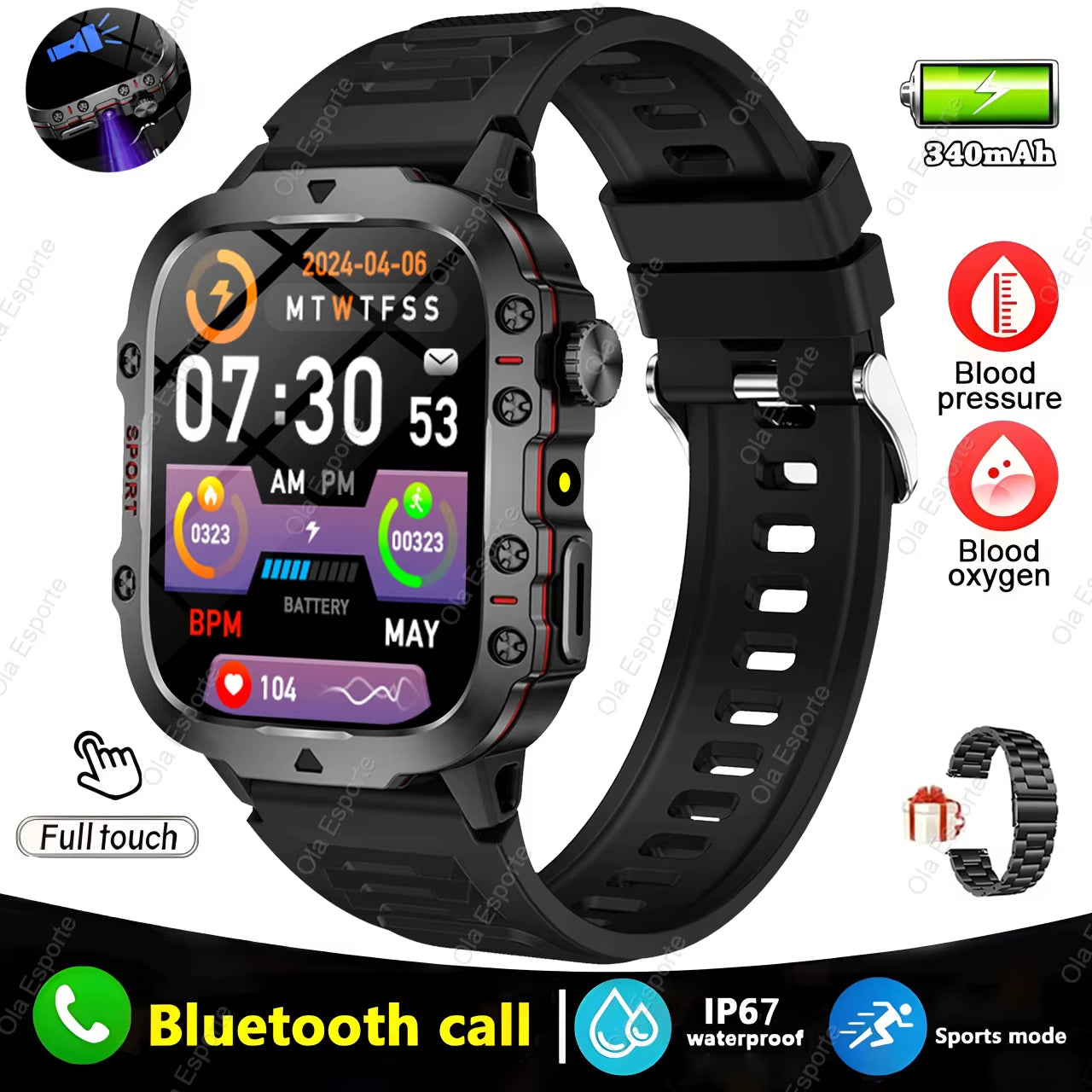 Men's Smartwatch with Flashlight, Bluetooth Calling, Fitness Tracking, and IP68 Waterproof Rating - Compatible with Android and iOS - 2025 Model