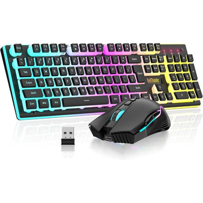 Redthunder K10 Wireless Gaming Keyboard and Mouse Combo, LED Backlit Rechargeable 3800Mah Battery, Mechanical Feel Anti-Ghosting Keyboard + 7D 3200DPI Mice for PC Gamer (Pink)