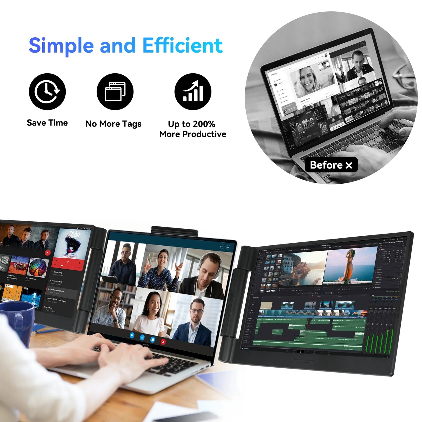 14-Inch Triple Dual FHD 1080P IPS Portable Monitor for 13.3-17.3 Inch Laptops - Compatible with Windows, MacBook, Chrome, and Android