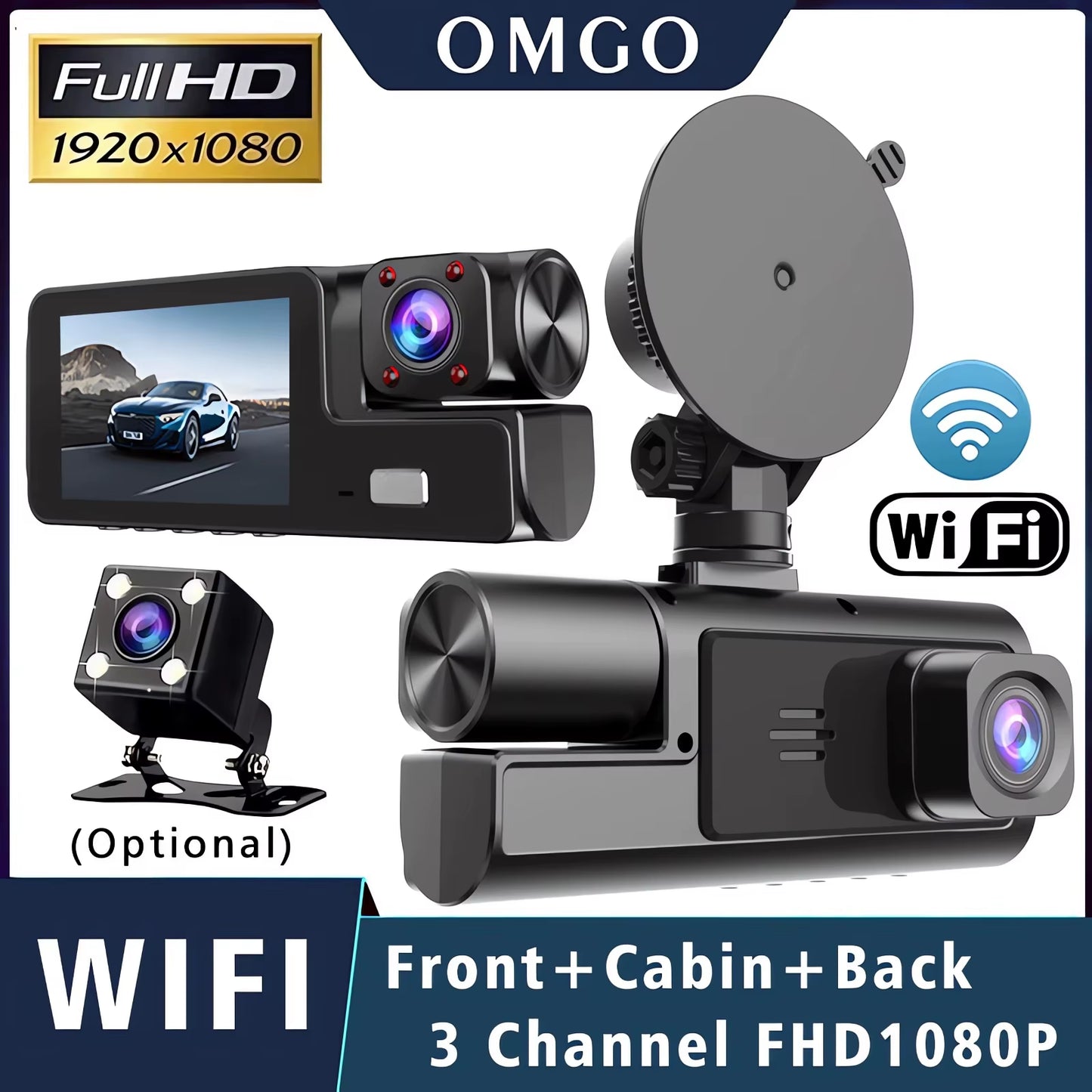 Triple Camera Car DVR with WiFi, 1920P Video Recording, In-Vehicle Dash Cam, Mini Camcorder