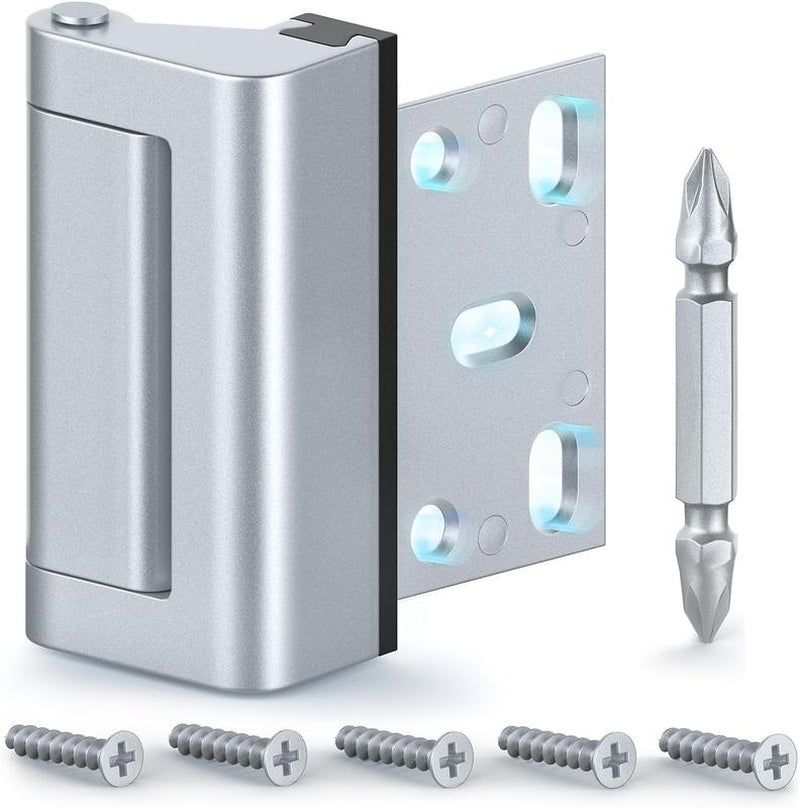 Home Security Door Lock ,Door Reinforcement Latch with 3" for Inward Swing Doors, Upgraded Night Lock for Front Door Defense, Includes Phillips Drill Bit - Frosted Silver