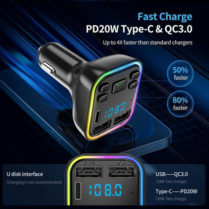 Bluetooth 5.3FM Transmitter Car Adapter, Wireless Radio MP3 Player Stereo Music Audio Receiver Hands-Free Calling, USB-C Car Charger, Supports TF Card and USB Disk (Black)