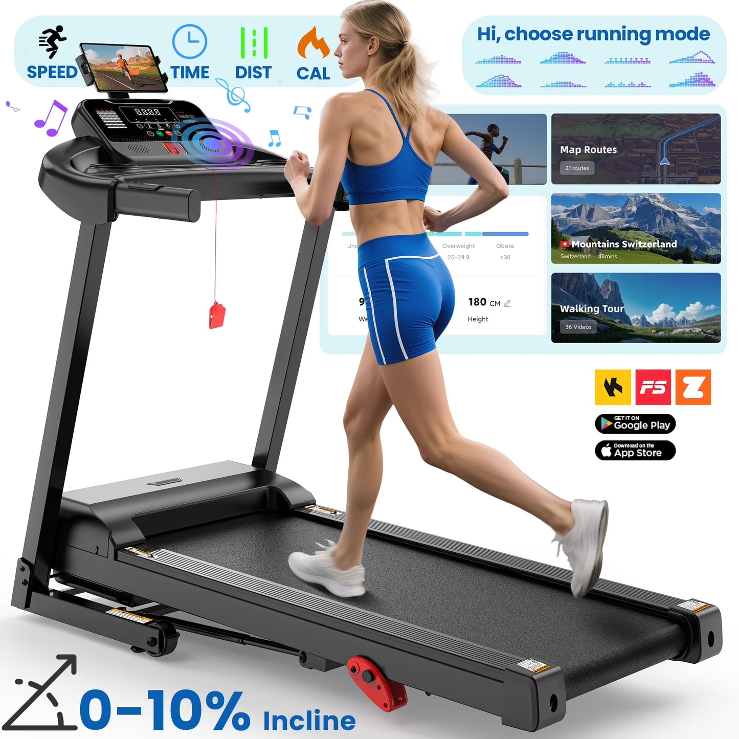 Folding Treadmill with Incline – 300 Lbs Capacity, Compact Electric Running Machine for Home, 3.25HP Quiet Motor, 0.6-7.5 MPH, APP Control, Adjustable Ipad Holder
