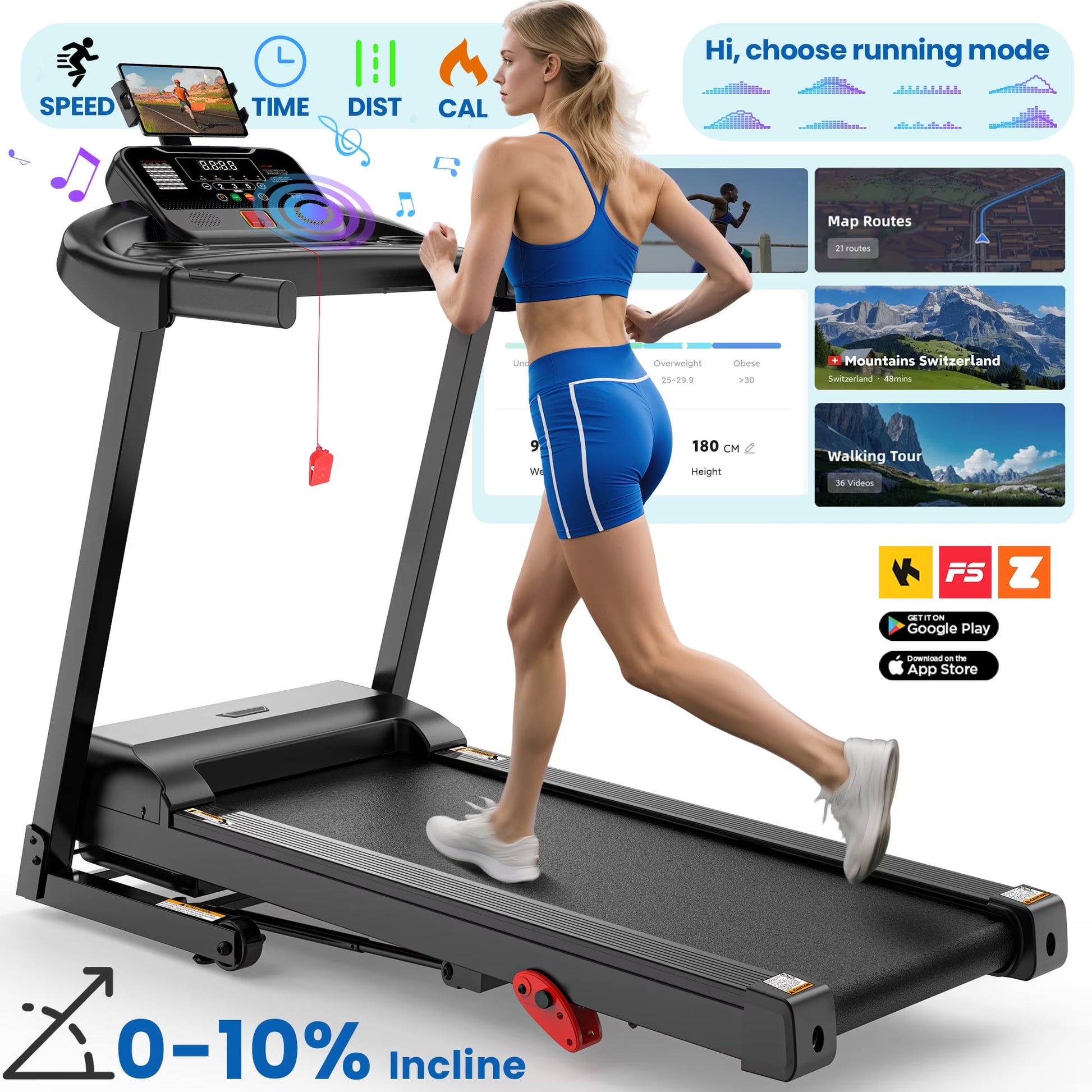 Folding Treadmill with Incline – 300 Lbs Capacity, Compact Electric Running Machine for Home, 3.25HP Quiet Motor, 0.6-7.5 MPH, APP Control, Adjustable Ipad Holder
