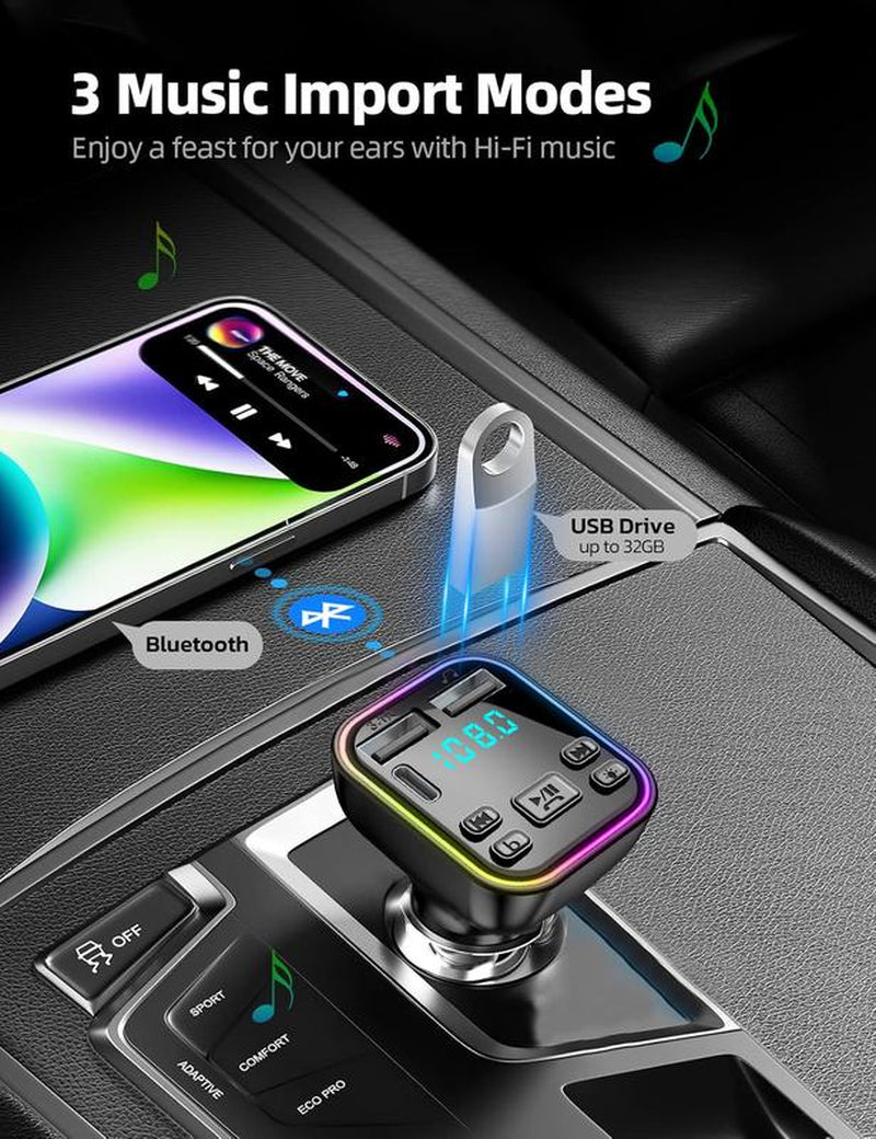 Bluetooth 5.3FM Transmitter Car Adapter, Wireless Radio MP3 Player Stereo Music Audio Receiver Hands-Free Calling, USB-C Car Charger, Supports TF Card and USB Disk (Black)