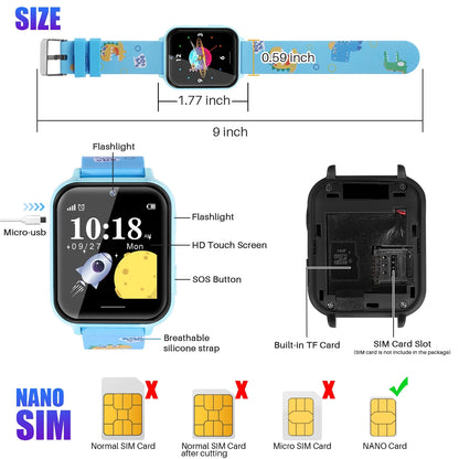 Kids Smart Watch Phone, HD Touch Screen Smartwatch with Music MP3 Player, Video Recorder, Camera, Games, SOS, (Build-In 1GB SD Card) Sport Wrist Watch for Age 3-14 Boys Girls Gifts (Blue)
