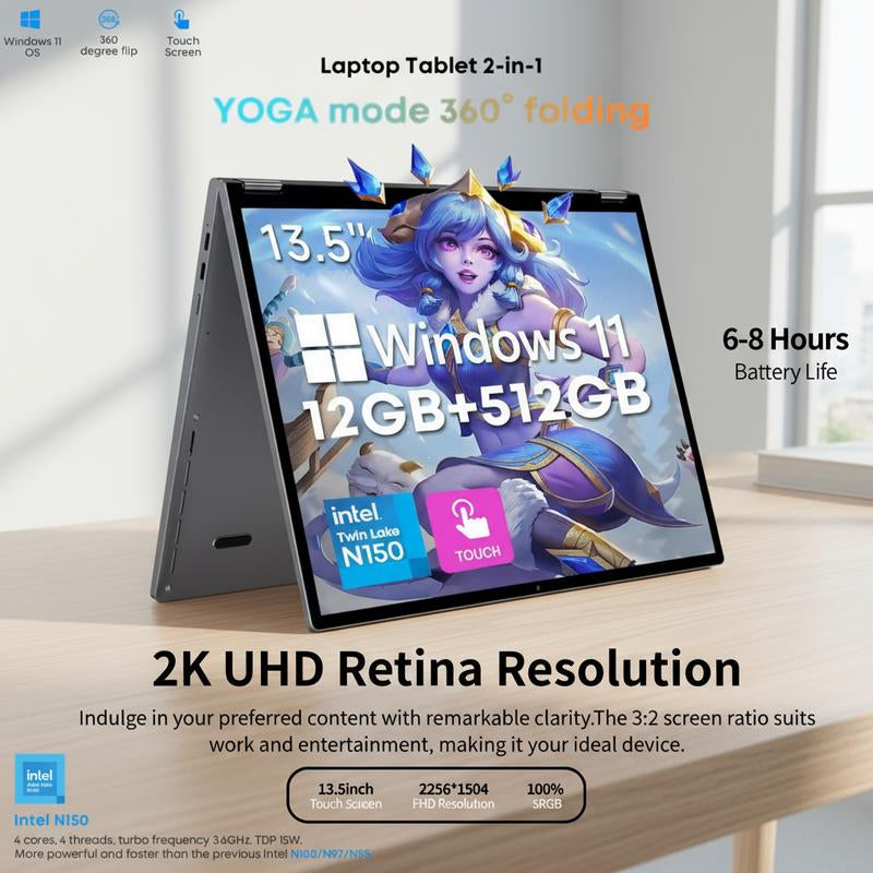 Discover the CHUWI Freebook 2-In-1 Laptop: 13.4" Touchscreen, 12GB RAM, 512GB SSD, Intel N150 Powerhouse with Stunning 2K Display and Versatile Design