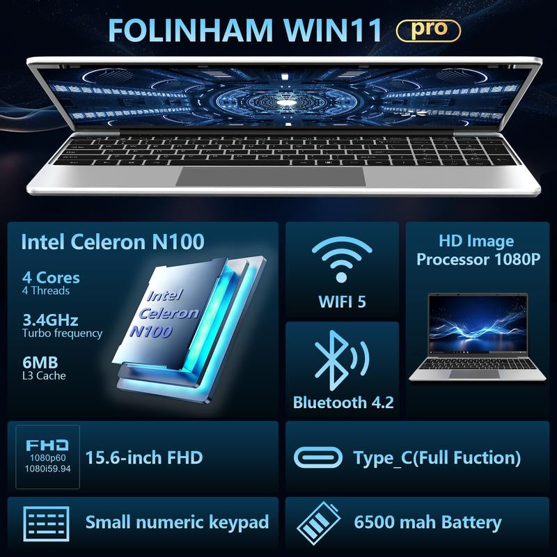 15.6 Inch Laptop Windows 11 Pro, 12GB RAM 512GB SSD, 12Th Gen Intel N100 Processor, 1920X1080, Webacm 2.4/5.0G Wifi, Bluetooth 5.0, Webcam, Mini HDMI, USB 3.0, Springtok