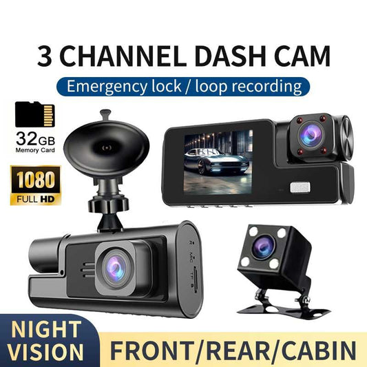 Three-Channel Car Camera, 2 Inch IPS Screen, Wide Angle Car Dash Cam with Infrared Night Vision, Car Dvr Camera, Camera Security, Car Dash Cam, Car Dash Cam with 32Gb Memory Card, Car Wide Angle Video Surveillance, Car Electronics