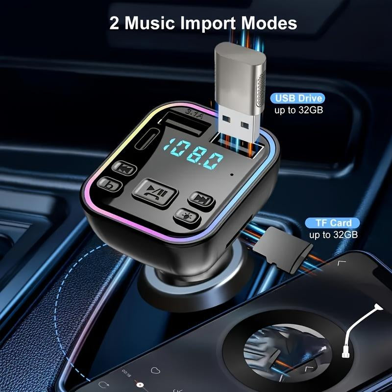 Bluetooth 5.3FM Transmitter Car Adapter, Wireless Radio MP3 Player Stereo Music Audio Receiver Hands-Free Calling, USB-C Car Charger, Supports TF Card and USB Disk (Black)