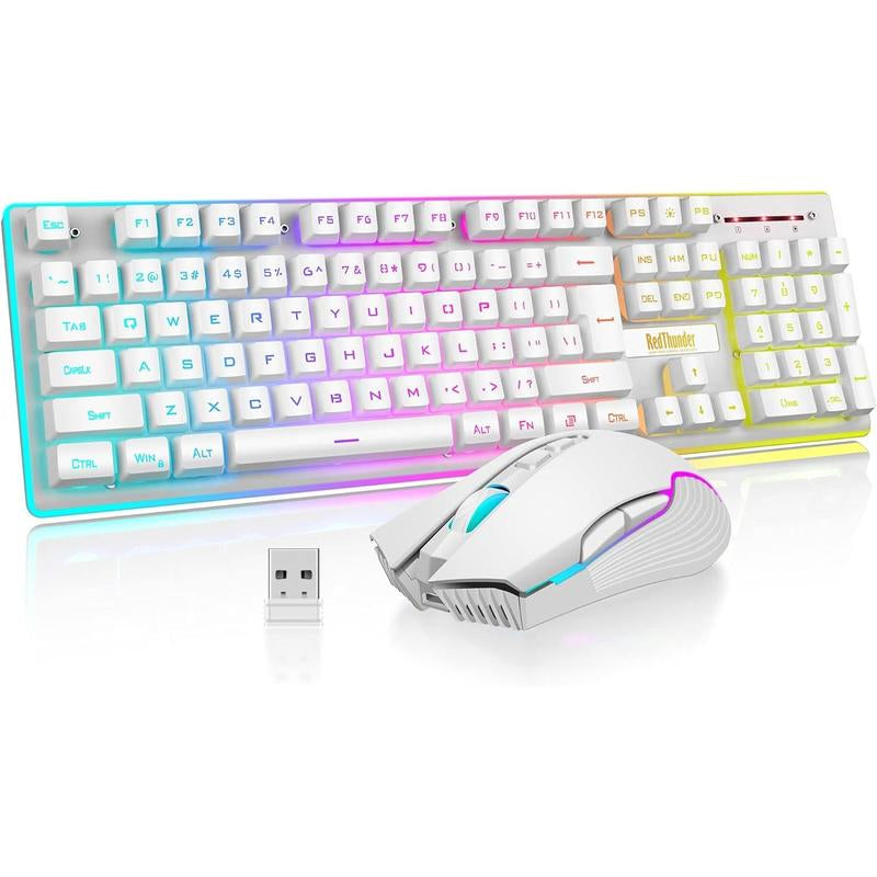 Redthunder K10 Wireless Gaming Keyboard and Mouse Combo, LED Backlit Rechargeable 3800Mah Battery, Mechanical Feel Anti-Ghosting Keyboard + 7D 3200DPI Mice for PC Gamer (Pink)
