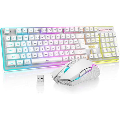 Redthunder K10 Wireless Gaming Keyboard and Mouse Combo, LED Backlit Rechargeable 3800Mah Battery, Mechanical Feel Anti-Ghosting Keyboard + 7D 3200DPI Mice for PC Gamer (Pink)