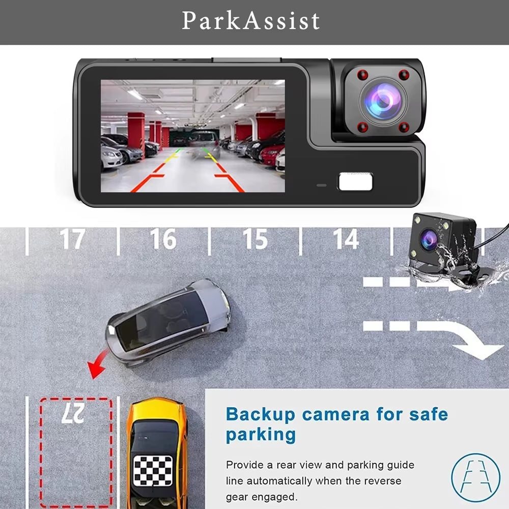 Triple Camera Car DVR with WiFi, 1920P Video Recording, In-Vehicle Dash Cam, Mini Camcorder