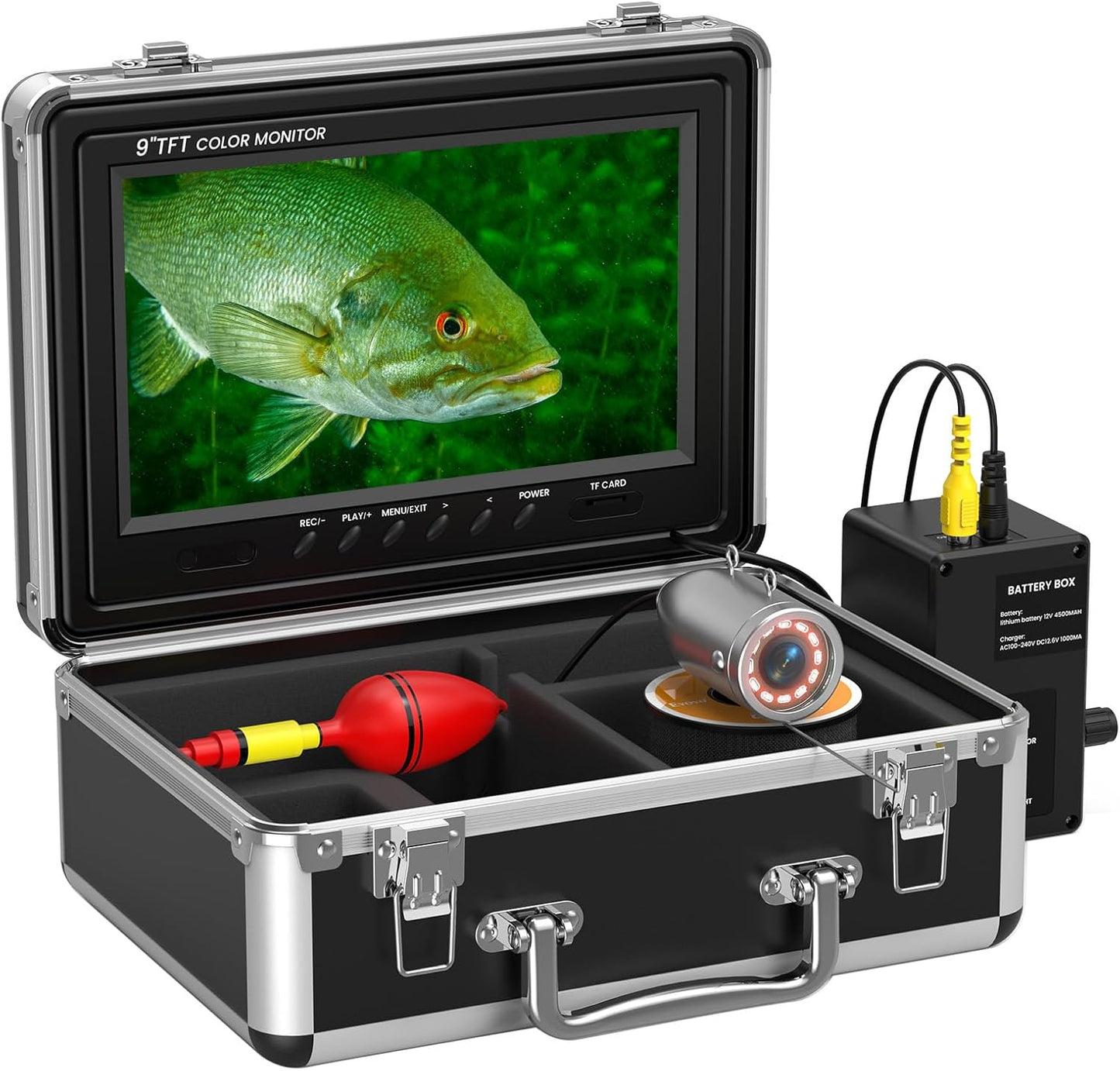 Underwater Fishing Camera Portable Video Fish Finder 9 Inch LCD Monitor 1000TVL Waterproof Camera Underwater DVR Video Fish Cam 50M Cable 12Pcs IR Infrared Lights for Ice, Lake and Boat Fishing