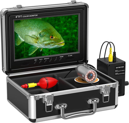 Underwater Fishing Camera Portable Video Fish Finder 9 Inch LCD Monitor 1000TVL Waterproof Camera Underwater DVR Video Fish Cam 50M Cable 12Pcs IR Infrared Lights for Ice, Lake and Boat Fishing
