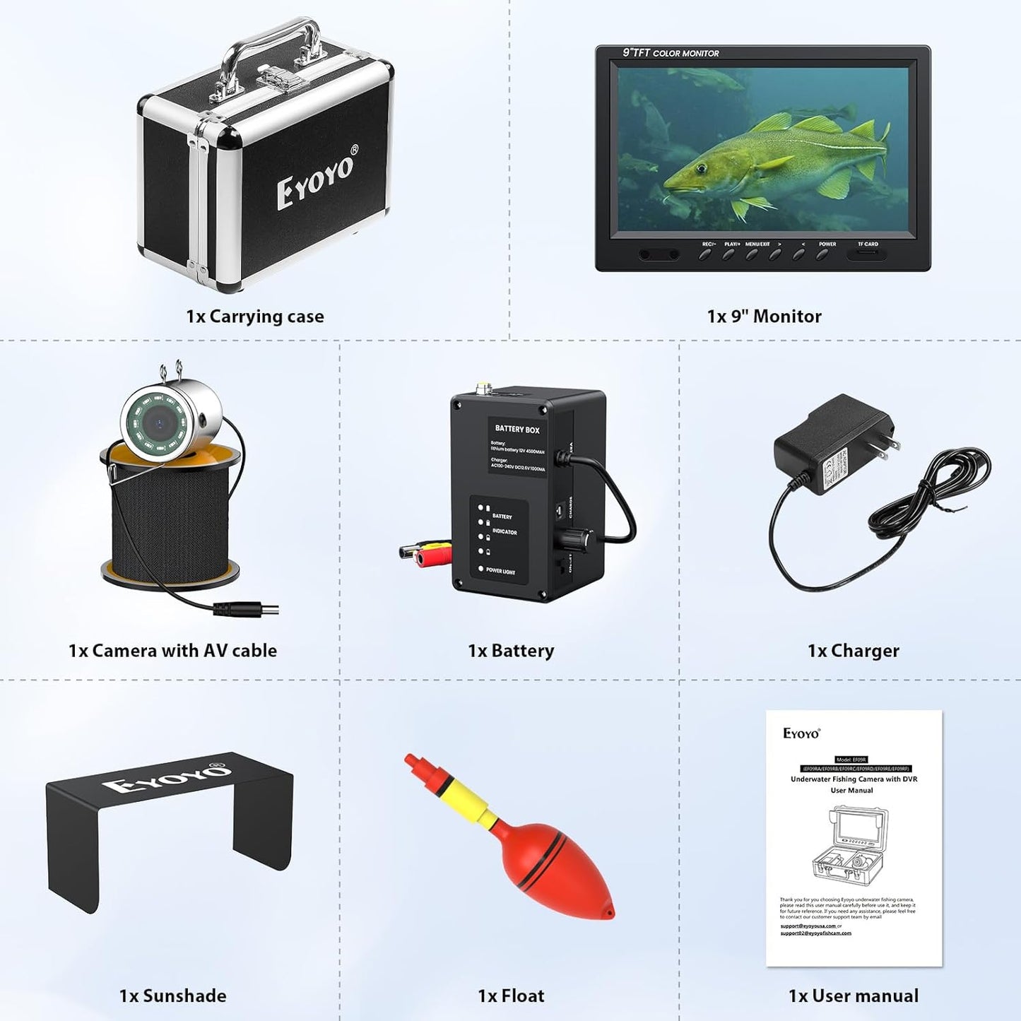 Underwater Fishing Camera Portable Video Fish Finder 9 Inch LCD Monitor 1000TVL Waterproof Camera Underwater DVR Video Fish Cam 50M Cable 12Pcs IR Infrared Lights for Ice, Lake and Boat Fishing