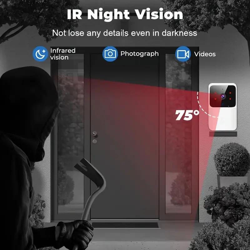 Smart Doorbellcamera – HD Night Vision, 2-Way Audio, Wifi, Rechargeable Battery, Motion Sensor, Intercom Function, Easy to Install, Wireless Smart Doorbell, Indoor/Outdoor Security Camera, Self-Adhesive Mount, Modern Design