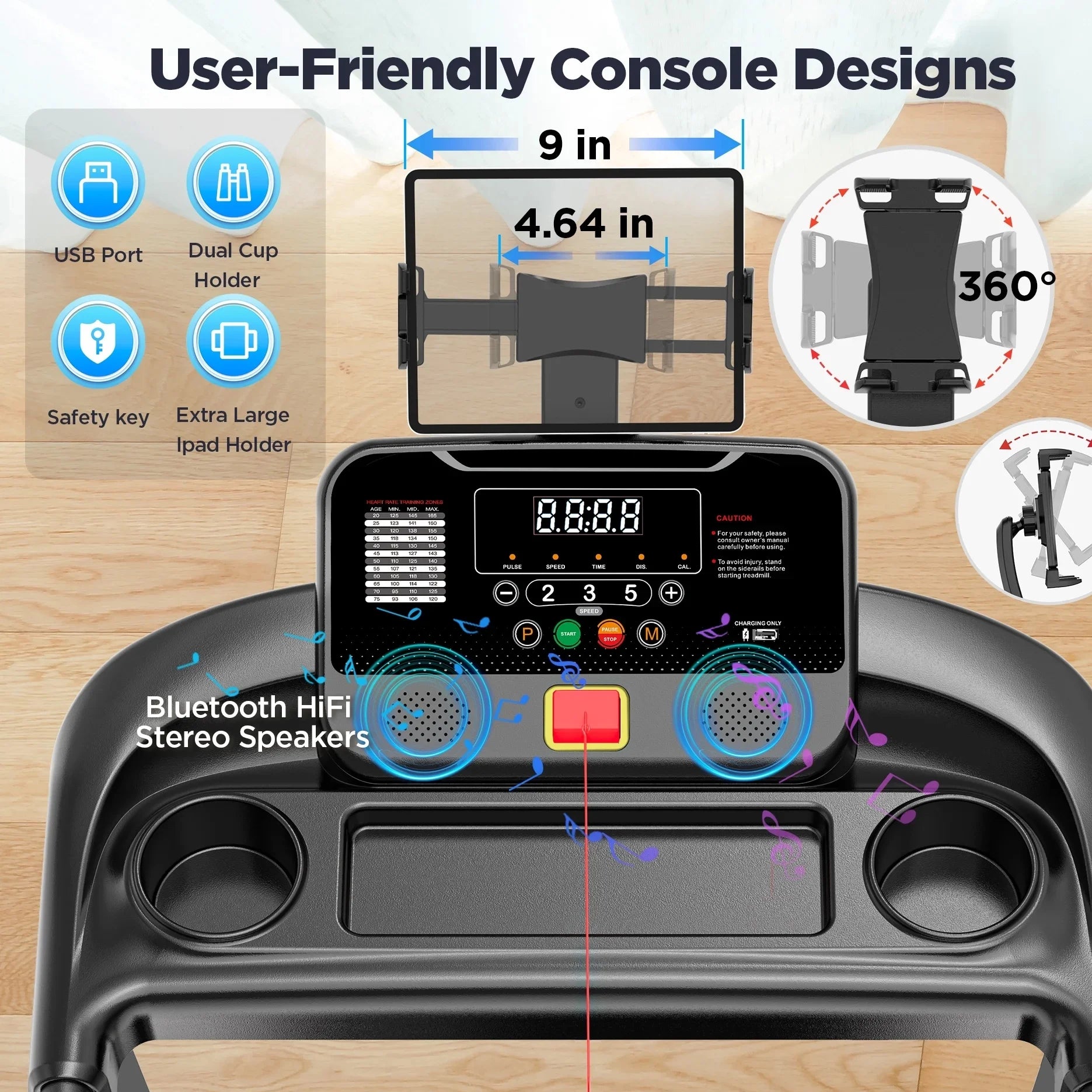 Folding Treadmill with Incline – 300 Lbs Capacity, Compact Electric Running Machine for Home, 3.25HP Quiet Motor, 0.6-7.5 MPH, APP Control, Adjustable Ipad Holder