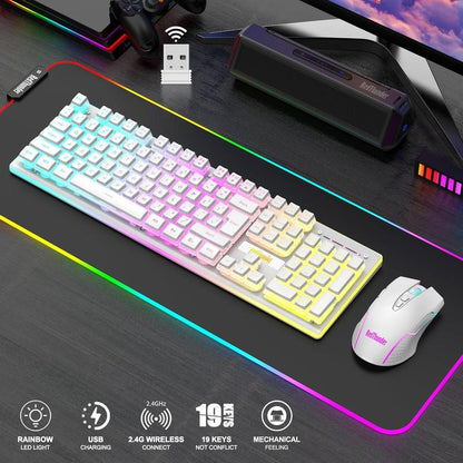 Redthunder K10 Wireless Gaming Keyboard and Mouse Combo, LED Backlit Rechargeable 3800Mah Battery, Mechanical Feel Anti-Ghosting Keyboard + 7D 3200DPI Mice for PC Gamer (Pink)