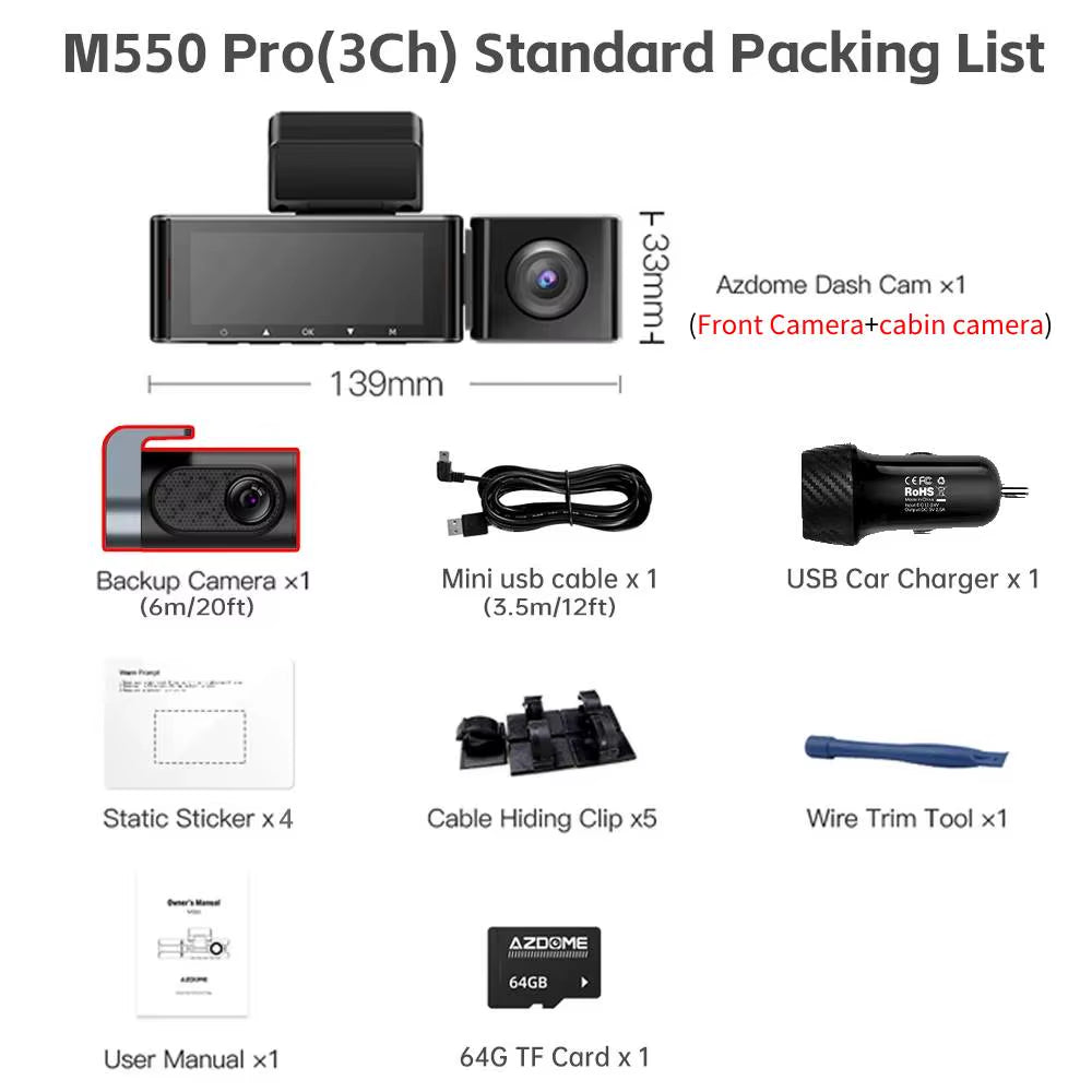M550 Pro 5.8GHz WiFi 2/3 Channel Dash Camera with 4K+1080P Resolution, Built-In GPS, 3.19" IPS Screen, Infrared Night Vision, and 24-Hour Parking Mode