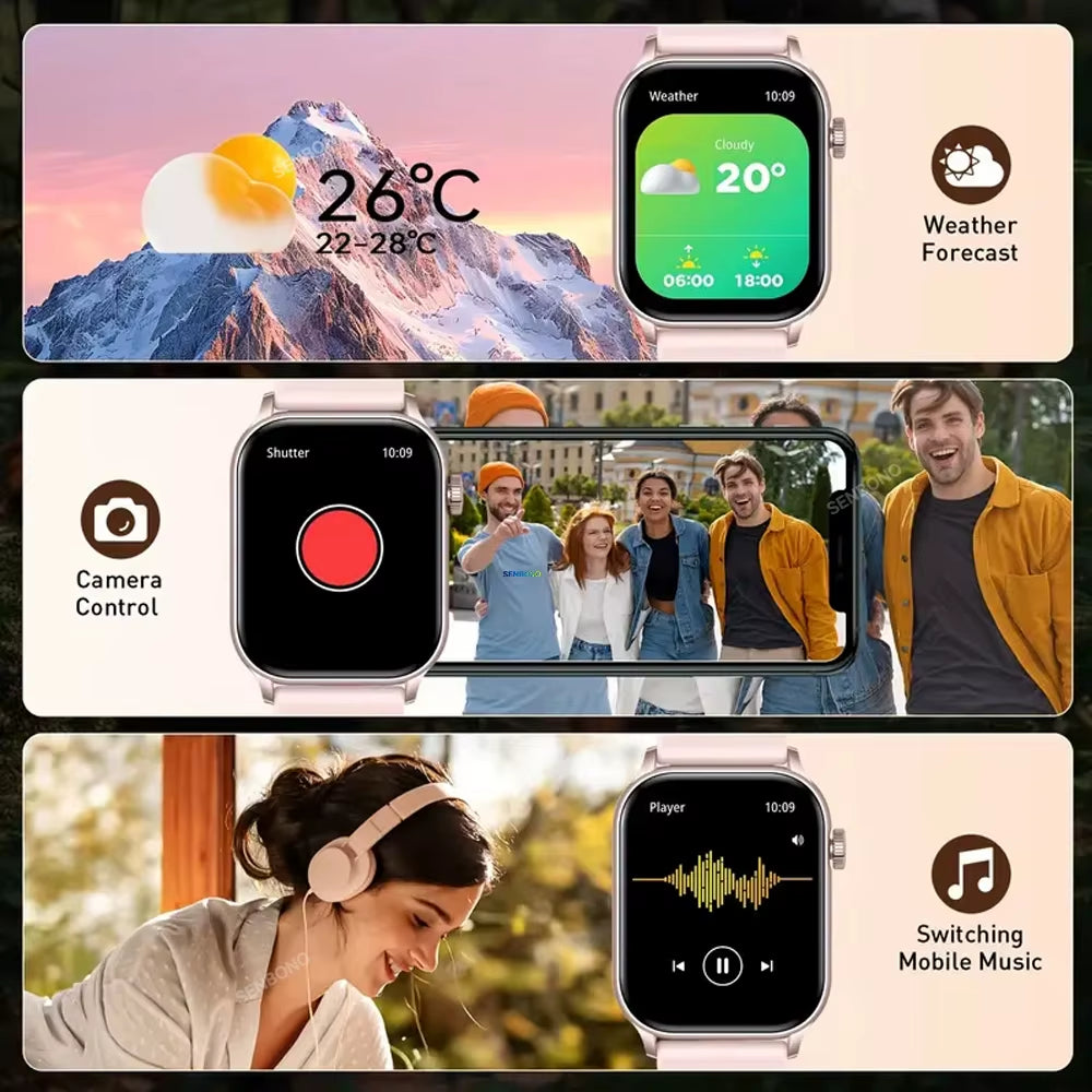 AMOLED Smart Watch with Bluetooth Calling, LED Flashlight, 100+ Sports Modes, Customizable Dial, and Camera Control for Men and Women