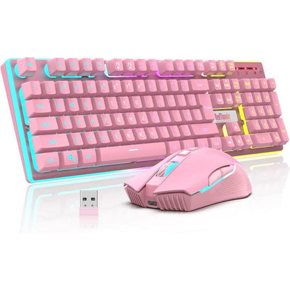Redthunder K10 Wireless Gaming Keyboard and Mouse Combo, LED Backlit Rechargeable 3800Mah Battery, Mechanical Feel Anti-Ghosting Keyboard + 7D 3200DPI Mice for PC Gamer (Pink)
