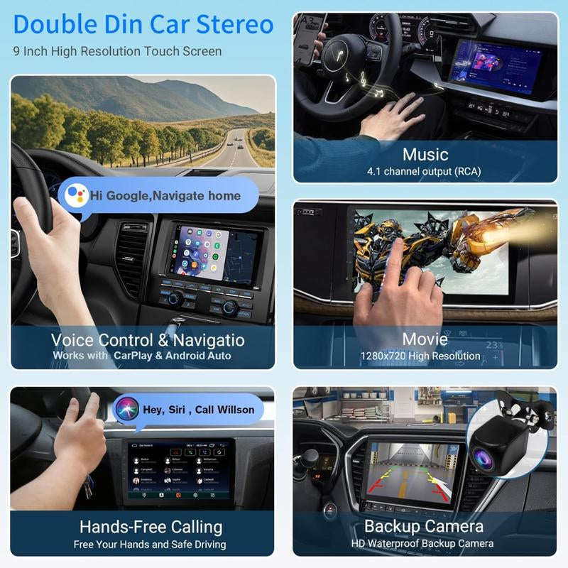 Wireless Double Din Car Stereo with 9" HD Touchscreen | Carplay & Android Auto | Backup Camera | Bluetooth GPS Navigation | FM/AM | All Vehicles