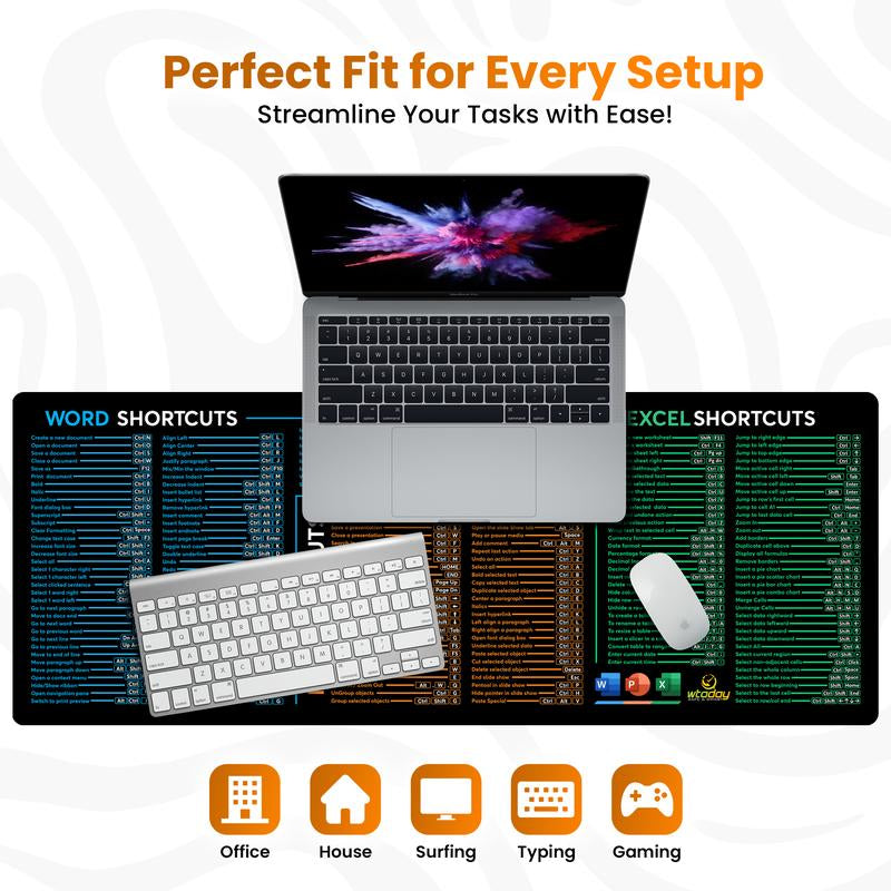Word/Ppt/Excel Shortcuts Mouse Pad - Extended XL Office Keyboard Mat, Stitched Edges | Non-Slip Base Excel Cheat Sheet Desk Pad (31.5X11.8) Inch