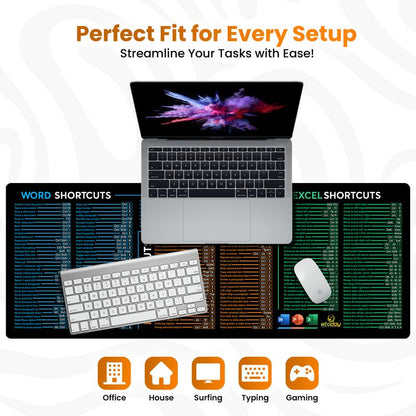 Word/Ppt/Excel Shortcuts Mouse Pad - Extended XL Office Keyboard Mat, Stitched Edges | Non-Slip Base Excel Cheat Sheet Desk Pad (31.5X11.8) Inch