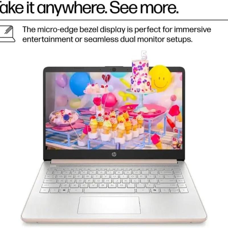 HP 14" Laptop Student Business Computer - 2025 New Version, Intel N150 Processor, Windows 11 Pro, Copilot AI, 12Hr Battery, up to 16GB RAM 384GB Storage (128GB UFS+256GB MSD) ,Rose Gold,W/Accessories