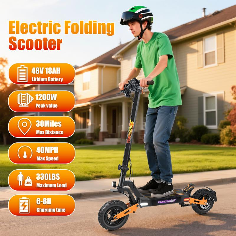 11-Inch Adult Electric Scooter, 1200W Brushless Motor, 48V 18AH, Vacuum Tires, Front and Rear Disc Brakes + Shock Absorbers, Foldable, with Cool LED Ambient Light and Display