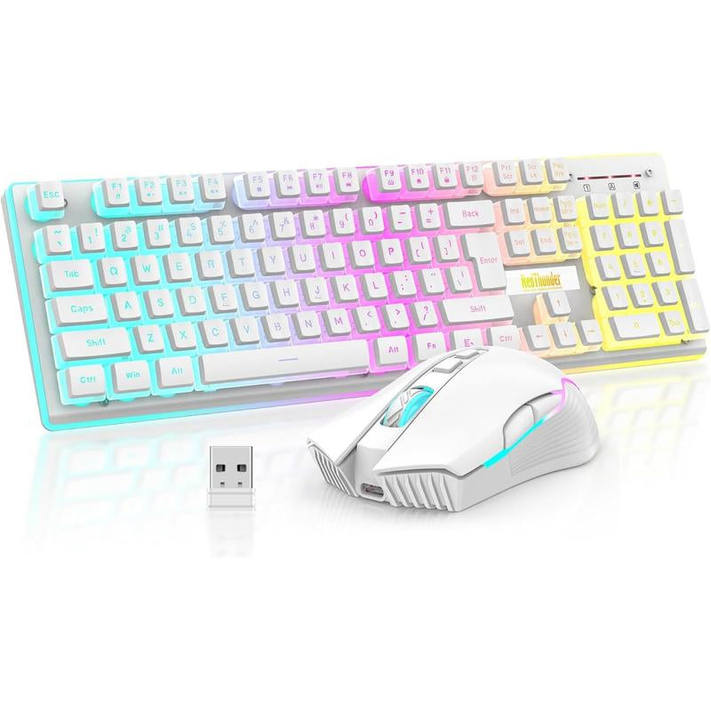 Redthunder K10 Wireless Gaming Keyboard and Mouse Combo, LED Backlit Rechargeable 3800Mah Battery, Mechanical Feel Anti-Ghosting Keyboard + 7D 3200DPI Mice for PC Gamer (Pink)