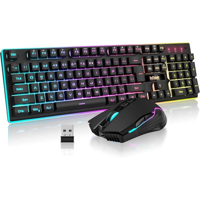 Redthunder K10 Wireless Gaming Keyboard and Mouse Combo, LED Backlit Rechargeable 3800Mah Battery, Mechanical Feel Anti-Ghosting Keyboard + 7D 3200DPI Mice for PC Gamer (Pink)