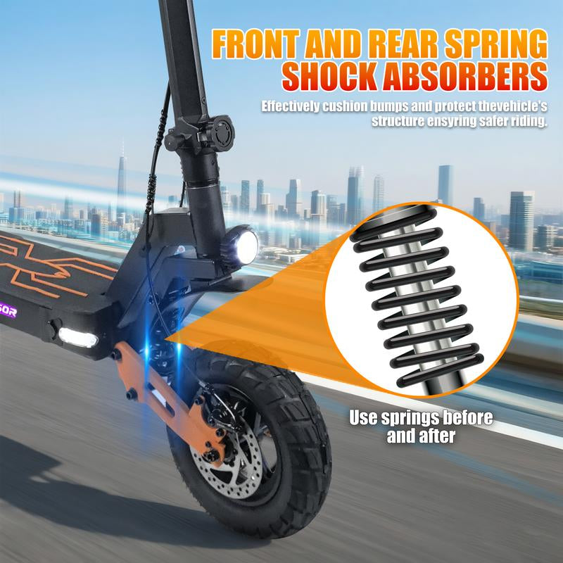 11-Inch Adult Electric Scooter, 1200W Brushless Motor, 48V 18AH, Vacuum Tires, Front and Rear Disc Brakes + Shock Absorbers, Foldable, with Cool LED Ambient Light and Display