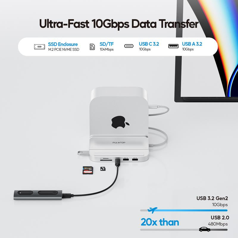 PULWTOP 8-In-1 Vertical USB-C Hub for Mac Mini M4 Hub with M.2 SSD Enclosure, Aluminum Mac Mini M4 Pro 2024 Dock Stand Accessories with USB A/C 3.2 10Gbps, 2 X USB a 2.0, 3.5Mm Audio Mic, SD/TF Slots Connectivity Work